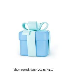 3d blue closed gift box standing on the floor with pastel ribbon bow isolated on a light background. 3d render modern holiday surprise box. Realistic vector icon