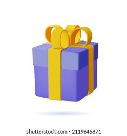 3d blue closed gift box with yellow ribbon bow isolated on a light background. 3d render modern holiday surprise box. Realistic vector icon. suprise, earn point concept, loyalty program and get reward