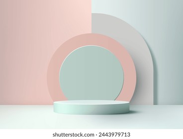 3D blue color podium with a circles around the middle and a geometric elements on pastels colors background. Product display, Minimal style. Vector illustration