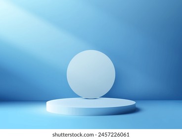 3D blue colored podium with a circle backdrop and light beam on the wall scene background, Minimal style, Product display, Mockup, Showcase presentation. Vector illustration