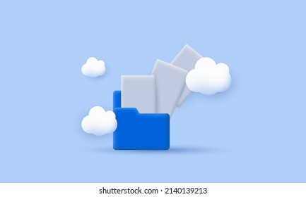 3d blue computer icon folder flying blank documents isolated over blue background. Trendy and modern vector in 3d style.