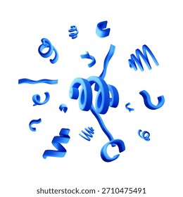 3D Blue confetti streamers in various shapes floating on a white background. Festive celebration and party decoration concept for joy and fun. Vector illustration