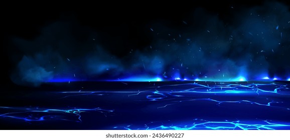 3d blue crack effect and fire light background. Abstract ignite energy explosion. Ground break and magma blowout from hole. Nuclear or lava fantasy sparkle fiery with smoke. Glowing earthquake below