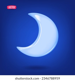 3d blue crescent moon on a dark night background. Realistic design in plastic cartoon style. Vector illustration.
