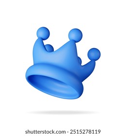 Icono de corona azul 3D aislado en blanco. Representa el símbolo de emoji de la corona de plástico. Emoticon para el éxito VIP, rico, ganador de lujo premium. Cliente de Comentarios, calificación o signos de Estado. Ilustración vectorial realista