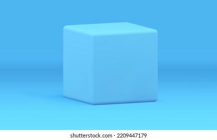 3d blue cube podium squared box exhibition stage platform for product performance realistic vector illustration. Geometric pedestal showcase award arena minimalist rendering basic foundation