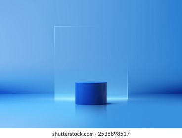 3D blue cylinder podium on blue background with transparent square, ideal for product mockups and showcase displays. Minimalist design for branding, elegant presentation, and modern style