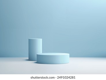 3D Blue Cylinders Podium on White Floor with Spotlight and Blue Wall, Modern Product Display and Mockup for Showroom and Showcase