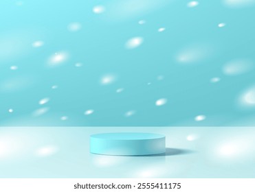 3D blue cylindrical podium background with snow falling. Merry Christmas wall scene. Minimalist mockup pedestal. Abstract stand product display presentation, Stage showcase. Vector platforms design.