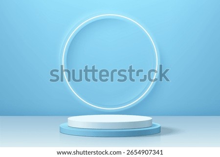 3D blue cylindrical podium background with glowing ring neon light backdrop. Minimalist mockup pedestal. Abstract stand product display presentation, Stage showcase. Platforms vector geometric design.