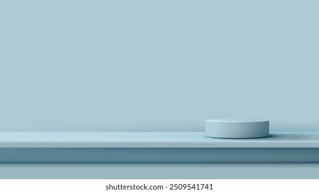 3D blaues zylindrisches Podium auf blauem Regal auf hellem Hintergrund für minimalistisches Produktdisplay und modernes Showcase