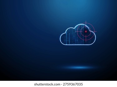 3d blue data cloud inside target crosshair. Data targeting, cloud analytics, big data analysis, hacking attempts, cyberattack targeting, data breach risk concept. Futuristic digital style. Vector.