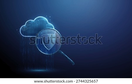 3d blue data cloud under magnifying glass with shield with keyhole. Cloud security analysis, data protection inspection, secure data storage, privacy control, concept. Futuristic digital style Vector.