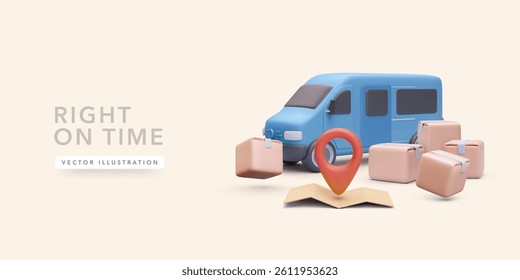 3D Blue Delivery Van with Location Pin, Map, and Boxes in a Clean Cartoon Style. Perfect for Courier Services, Fast Shipping, and Mobile Logistics Apps. Vector Illustration.
