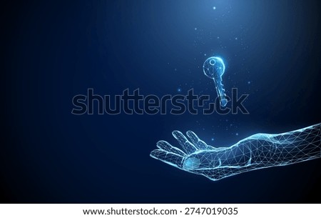 3d blue digital key hovering above open palm. Secure access solution, trusted digital authentication, user authorization control, protected identity management concept. Futuristic digital style Vector