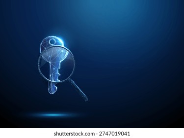 3d blue digital key under magnifying glass Security inspection, access verification, encrypted authentication analysis, identity validation, cybersecurity monitoring, concept. Futuristic style Vector.