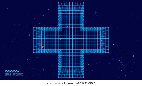 3D Blue Digital Wireframe Grid Plus Sign Background. Lines and Dots Aid and Health Care for Hospital Emergency. Medical Symbol of Emergency Help. 3D Math Plus Vector Illustration.