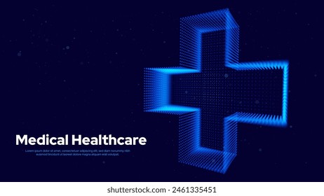 3D Blue Digital Wireframe Grid Plus Sign Background. Lines and Dots Aid and Health Care for Hospital Emergency Banner. Medical Symbol of Emergency Help. 3D Math Plus Vector Illustration.