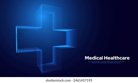 3D Blue Digital Wireframe Grid Plus Sign Background. Lines and Dots Aid and Health Care for Hospital Emergency Banner. Medical Symbol of Emergency Help. 3D Math Plus Vector Illustration.