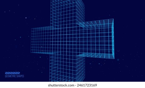 3D Blue Digital Wireframe Grid Plus Sign Background. Lines and Dots Aid and Health Care for Hospital Emergency Banner. Medical Symbol of Emergency Help. 3D Math Plus Vector Illustration.