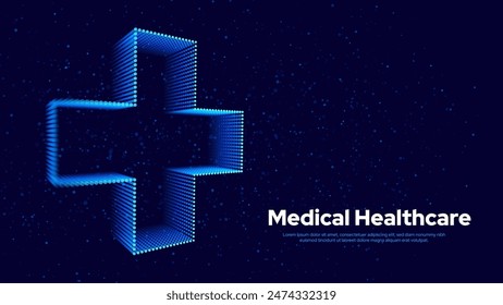 3D Azul Digital Wireframe Grid Plus Signo De Fondo. Líneas y Puntos de Ayuda y Atención Médica para el Anuncio de Urgencias Hospitalarias. Símbolo médico de ayuda de emergencia. Ilustración vectorial 3D Math Plus.