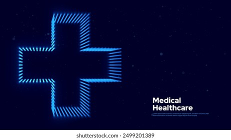 3D Blue Digital Wireframe Grid Plus Sign Background. Lines and Dots Aid and Health Care for Hospital Emergency Banner. Medical Symbol of Emergency Help. 3D Math Plus Vector Illustration.