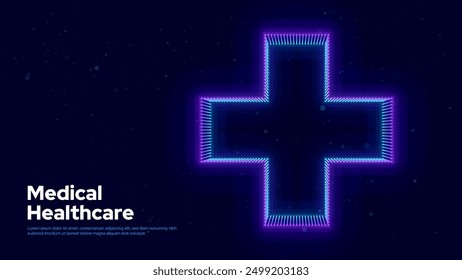 3D Blue Digital Wireframe Grid Plus Sign Background. Lines and Dots Aid and Health Care for Hospital Emergency Banner. Medical Symbol of Emergency Help. 3D Math Plus Vector Illustration.