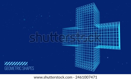 3D Blue Digital Wireframe Grid Plus Sign Background. Lines and Dots Aid and Health Care for Hospital Emergency. Medical Symbol of Emergency Help. 3D Math Plus Vector Illustration.