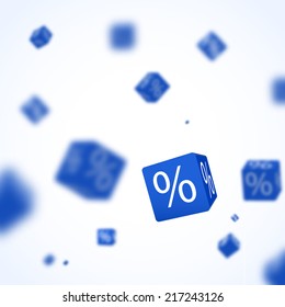 3D blue discount boxes dice for store market and shop. Sale promotional concept