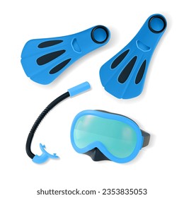 3d Blue Diving Mask, Snorkel and Fins Set Cartoon Style Scuba Dive Concept. Vector illustration of Diving Equipment