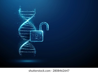 3D blue DNA and opened padlock. Genetic data privacy, biosecurity, molecular protection, biometric identity, science research, encoded genome, encryption concept. Digital futuristic style. Vector.