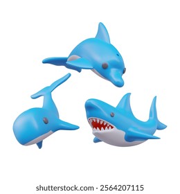 3D blue dolphin, whale and shark in cartoon style. Fish and aquatic animals