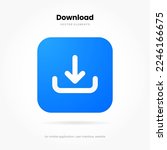 3D blue download button icon. Upload icon. Down arrow bottom side symbol. Click here button. Save cloud icon push button for UI UX, website, mobile application.