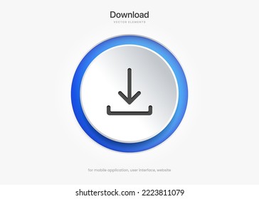 3D blue download button icon. Upload icon. Down arrow bottom side symbol. Click here button. Save cloud icon push button for UI UX, website, mobile application.