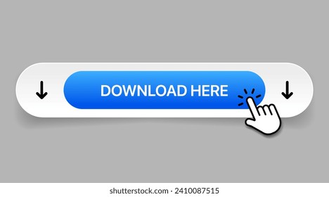 3D blue download button icon. Upload icon. Down arrow bottom side symbol. Click here button. Save cloud icon push button for UI UX, website, mobile application.