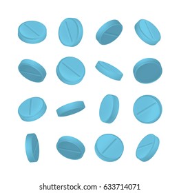 3d blue drugs pills in different positions on white background. Vitamin and painkiller vector illustration