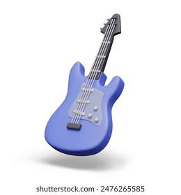 Guitarra eléctrica 3D azul sobre fondo blanco. Imagen detallada de instrumentos musicales de cuerda modernos