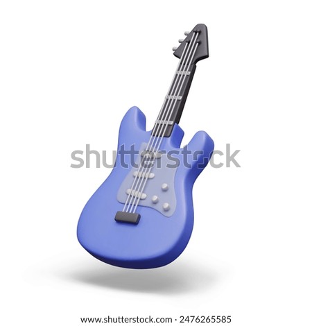 3D blue electric guitar on white background. Detailed image of modern stringed musical instrument