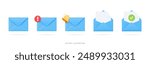 3D Blue envelopes icon set with bell, check mark and exclamation mark. Open and close letters. Email notification. Office document. Send message. Cartoon creative design icons. 3D Vector illustration
