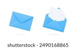 3D Blue envelopes icon set. Open and close letters. Subscribe to newsletter. Email message. Send post card. Envelope with document. Mail notification. Cartoon design icons. 3D Vector illustration