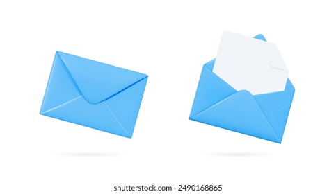 3D Blue envelopes icon set. Open and close letters. Subscribe to newsletter. Email message. Send post card. Envelope with document. Mail notification. Cartoon design icons. 3D Vector illustration