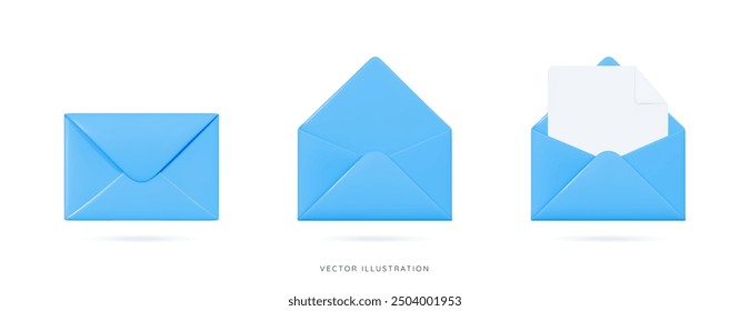 3D Blue envelopes icon set. Open and close letters. Subscribe to newsletter. Email message. Send post card. Envelope with document. Mail notification. Cartoon design icons. 3D Vector illustration