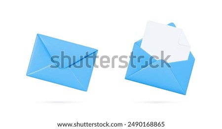 3D Blue envelopes icon set. Open and close letters. Subscribe to newsletter. Email message. Send post card. Envelope with document. Mail notification. Cartoon design icons. 3D Vector illustration