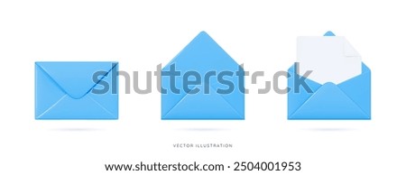 3D Blue envelopes icon set. Open and close letters. Subscribe to newsletter. Email message. Send post card. Envelope with document. Mail notification. Cartoon design icons. 3D Vector illustration