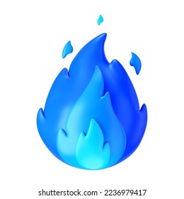 3d blue fire flame icon with burning red hot sparks isolated on white background. Render sprite of fire emoji, energy and power concept. 3d cartoon simple vector illustration