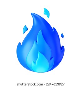 3d blue fire flame icon with burning red hot sparks isolated on white background. Render sprite of fire emoji, energy and power concept. 3d cartoon simple vector illustration