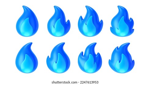 Iconos de gas azul o llama de fuego de 3d aislados en fondo blanco. Rentabilidad de emoji de fuego, quemador de gas, energía y concepto de poder. 3.ª ilustración vectorial simple de dibujos animados