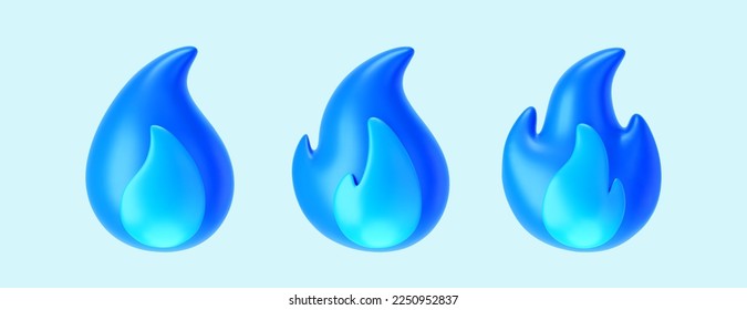 3d blue gas or fire flame icons set isolated on light background. Render sprite of fire emoji, gas burner, energy and power concept. 3d cartoon simple vector illustration