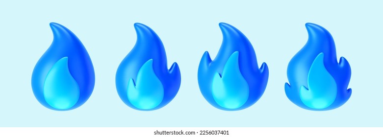 3d blue gas or fire flame icons set isolated on light background. Render sprite of fire , gas burner, energy and power concept. 3d cartoon simple vector illustration