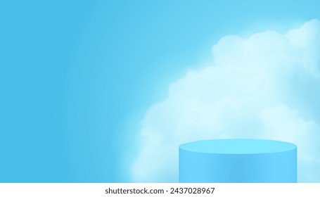 3d azul cilindro geométrico podio pedestal con humo niebla fondo ilustración vectorial realista. Escenario comercial de la publicidad de moda con la maqueta ligera del vapor del aire para el show cosmético del producto